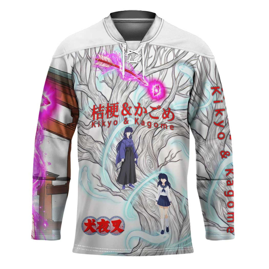 Kikyo and Kagome Inuyasha Series Hockey Jersey Spiritual Anime Art Style with Sacred Tree and Torii Gate