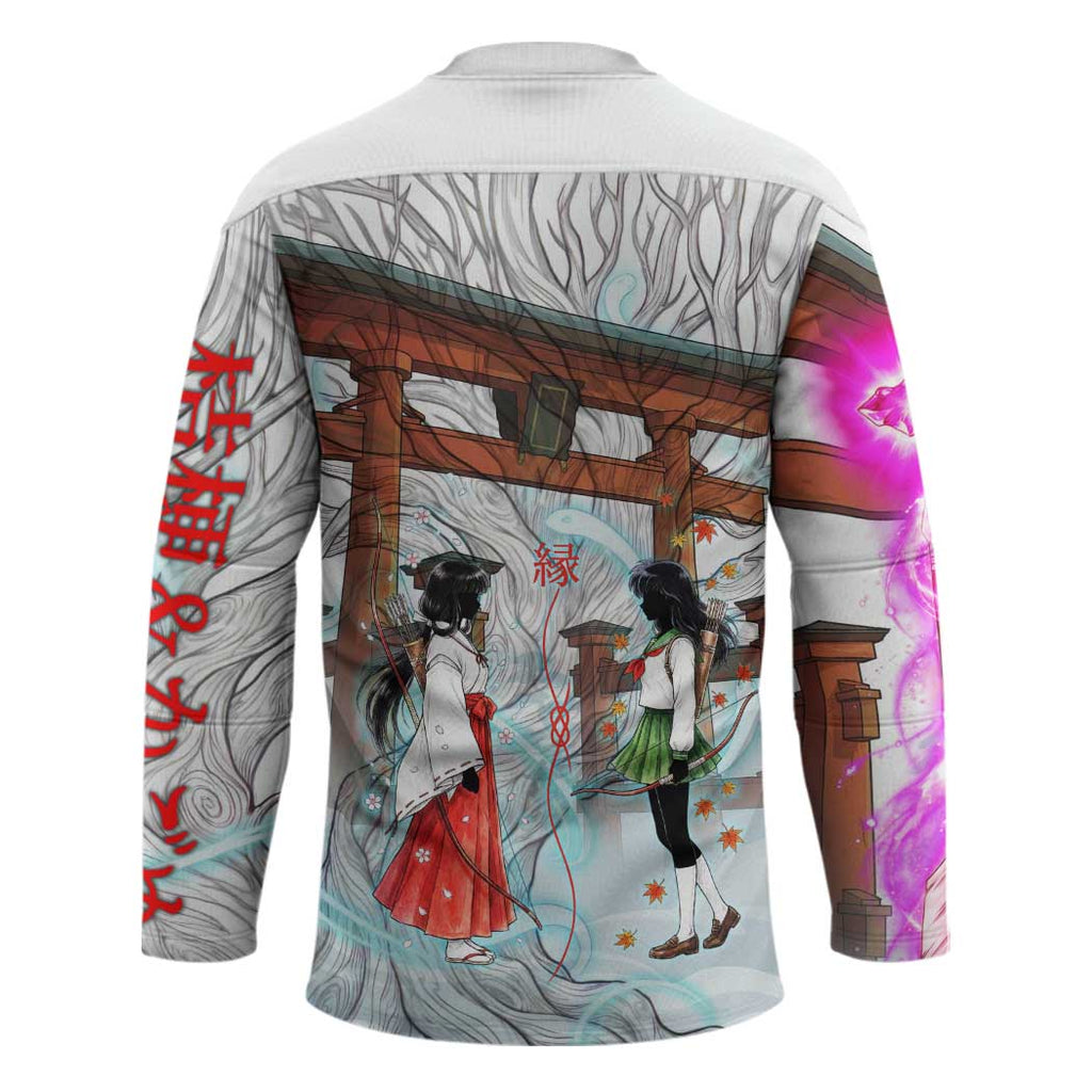 Kikyo and Kagome Inuyasha Series Hockey Jersey Spiritual Anime Art Style with Sacred Tree and Torii Gate