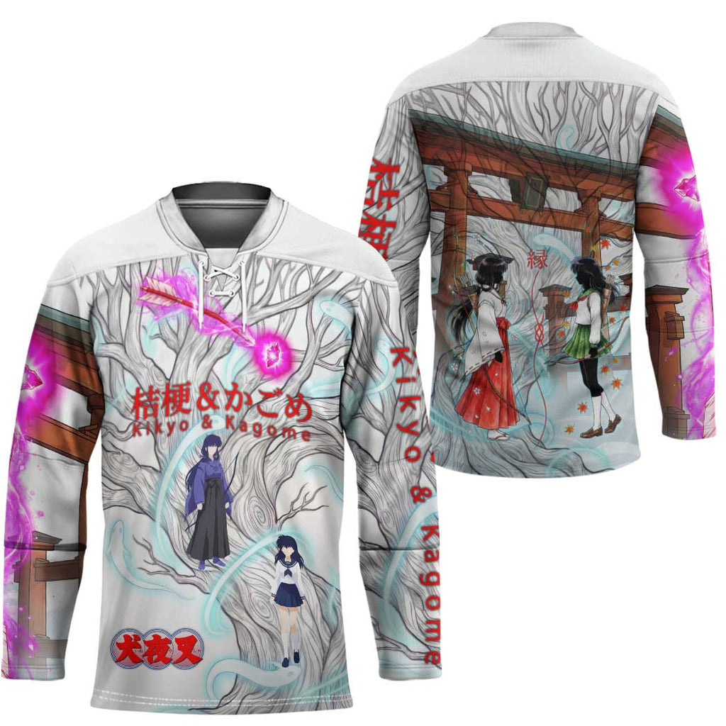 Kikyo and Kagome Inuyasha Series Hockey Jersey Spiritual Anime Art Style with Sacred Tree and Torii Gate