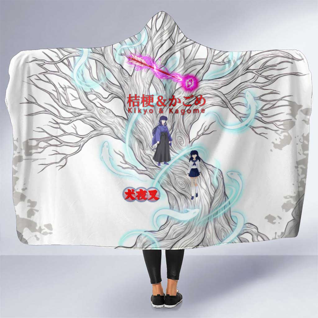 Kikyo and Kagome Inuyasha Series Hooded Blanket Spiritual Anime Art Style with Sacred Tree and Torii Gate