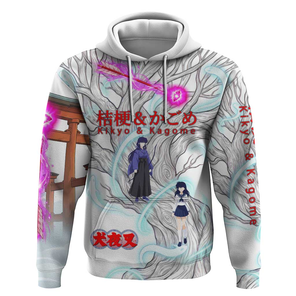 Kikyo and Kagome Inuyasha Series Hoodie Spiritual Anime Art Style with Sacred Tree and Torii Gate