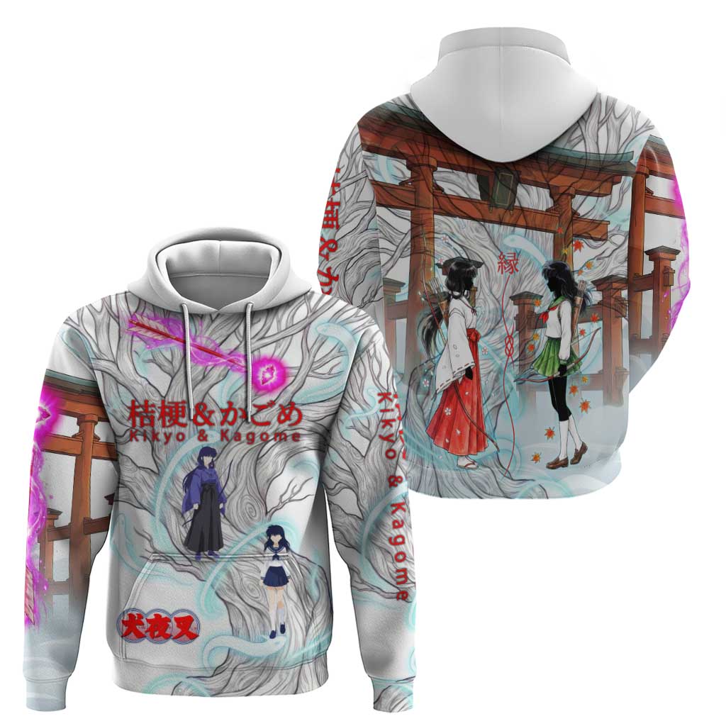 Kikyo and Kagome Inuyasha Series Hoodie Spiritual Anime Art Style with Sacred Tree and Torii Gate