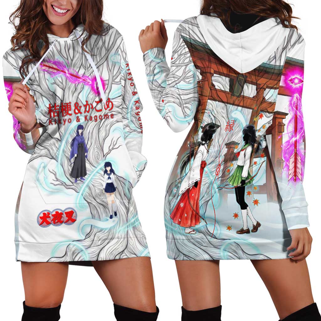 Kikyo and Kagome Inuyasha Series Hoodie Dress Spiritual Anime Art Style with Sacred Tree and Torii Gate