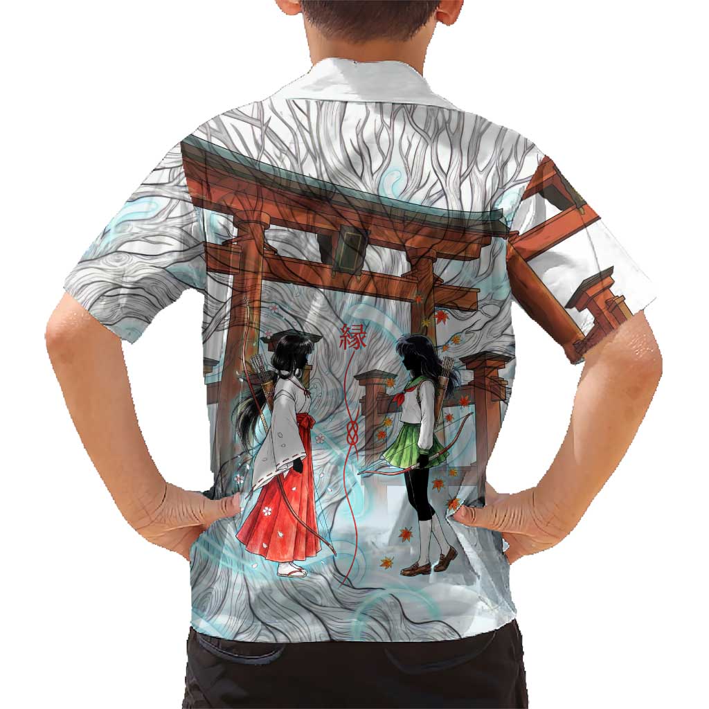 Kikyo and Kagome Inuyasha Series Kid Hawaiian Shirt Spiritual Anime Art Style with Sacred Tree and Torii Gate