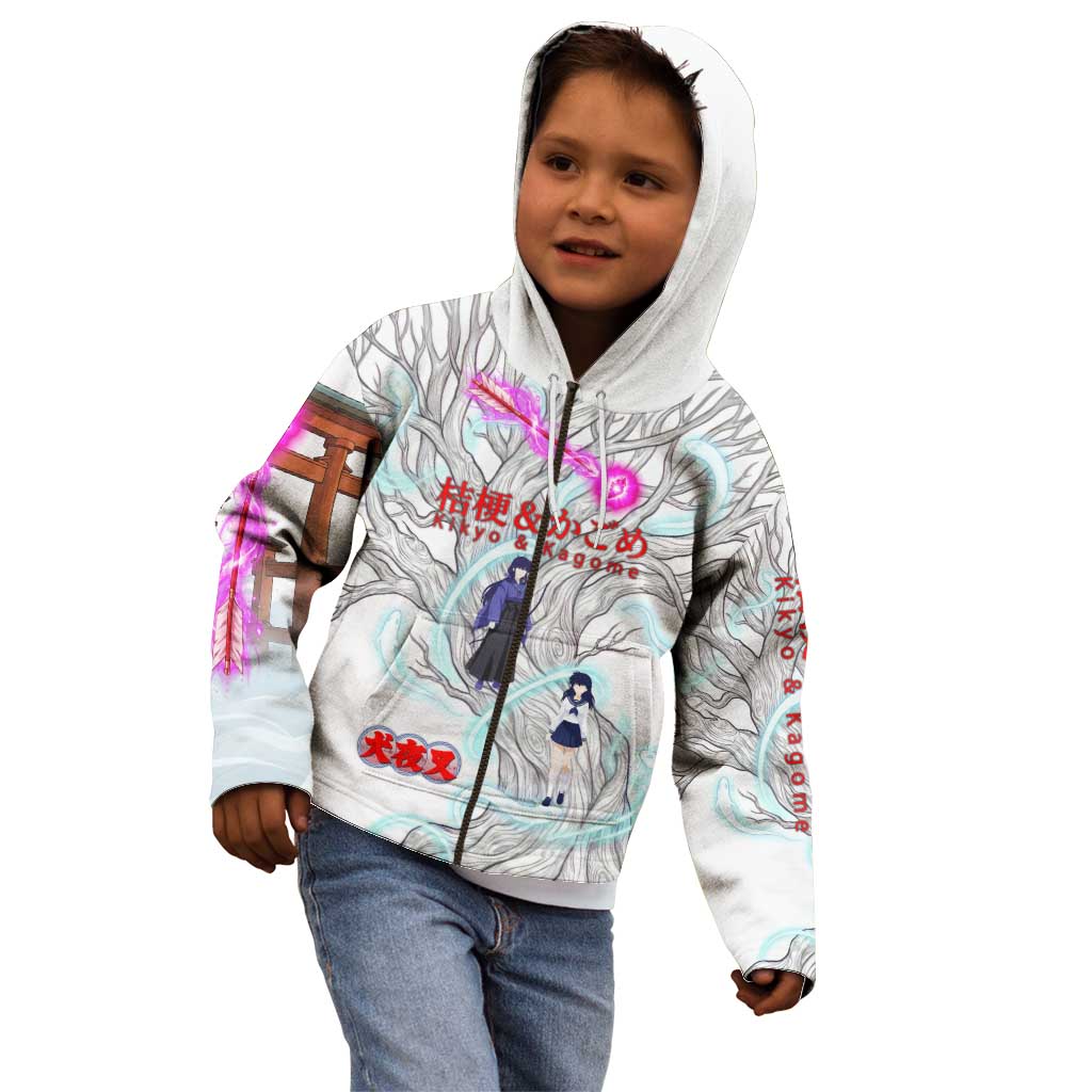 Kikyo and Kagome Inuyasha Series Kid Hoodie Spiritual Anime Art Style with Sacred Tree and Torii Gate
