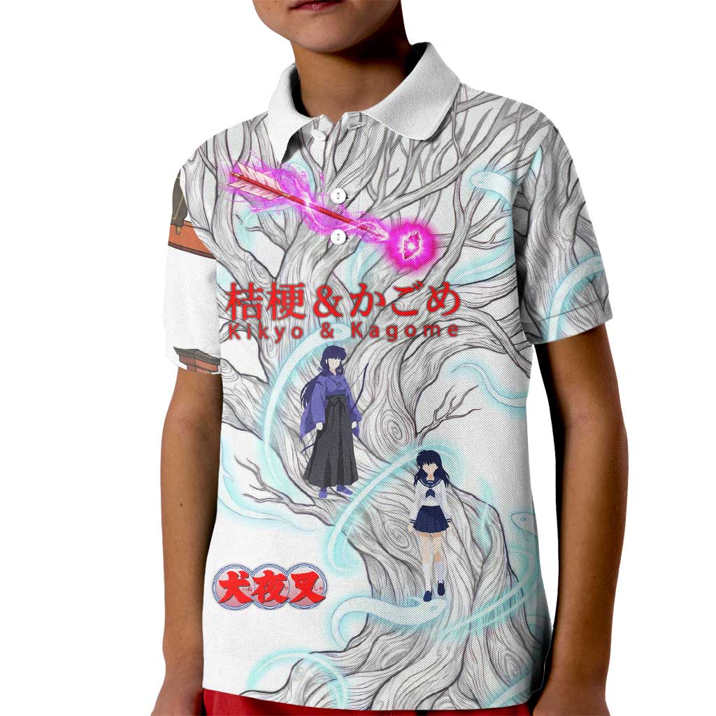 Kikyo and Kagome Inuyasha Series Kid Polo Shirt Spiritual Anime Art Style with Sacred Tree and Torii Gate