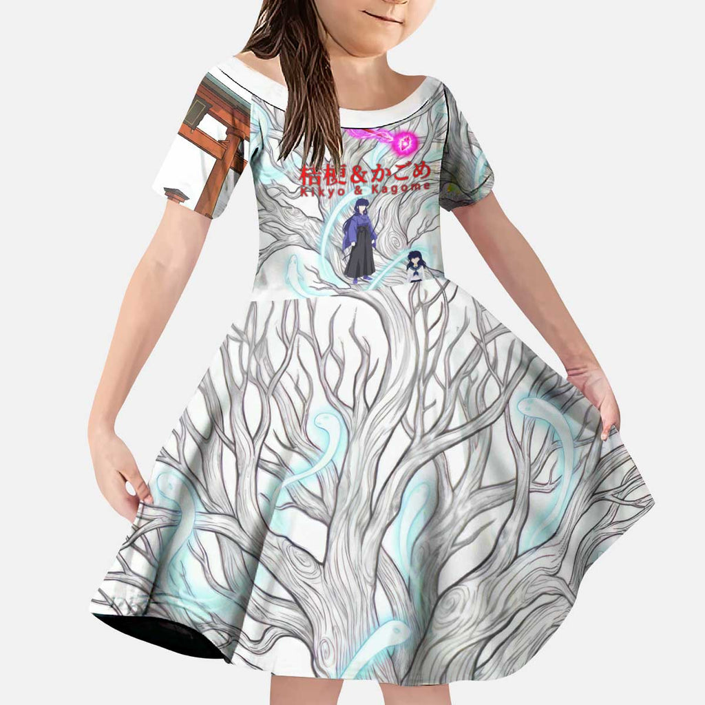 Kikyo and Kagome Inuyasha Series Kid Short Sleeve Dress Spiritual Anime Art Style with Sacred Tree and Torii Gate