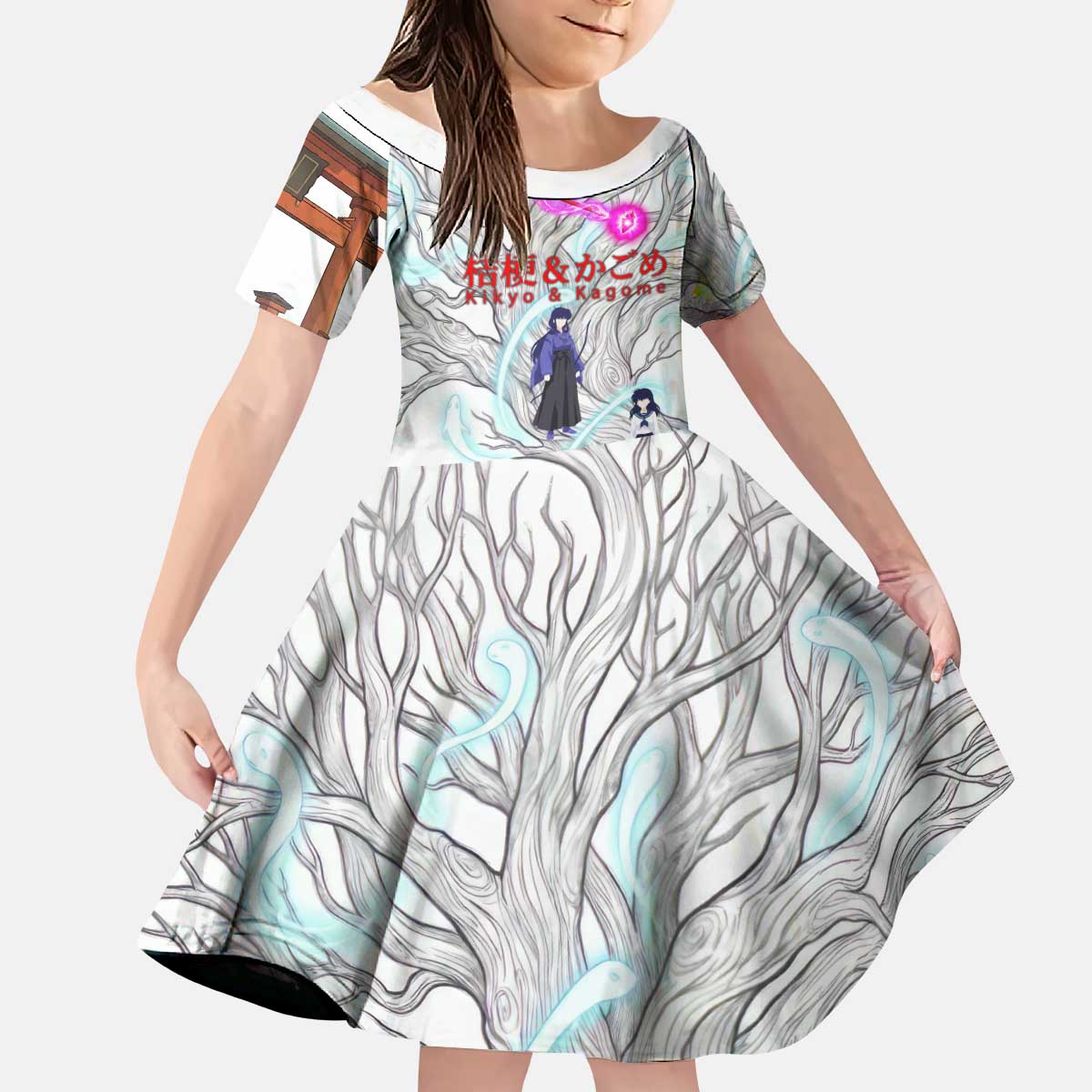 Kikyo and Kagome Inuyasha Series Kid Short Sleeve Dress Spiritual Anime Art Style with Sacred Tree and Torii Gate