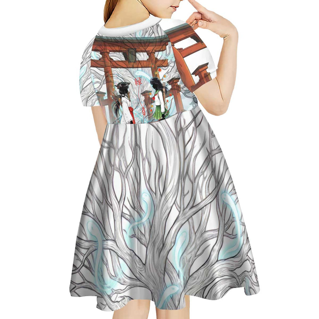Kikyo and Kagome Inuyasha Series Kid Short Sleeve Dress Spiritual Anime Art Style with Sacred Tree and Torii Gate
