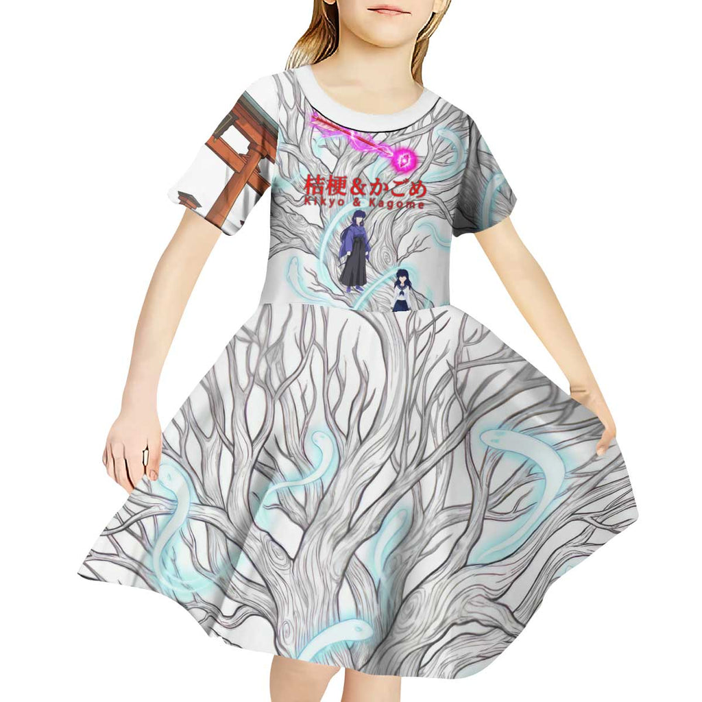 Kikyo and Kagome Inuyasha Series Kid Short Sleeve Dress Spiritual Anime Art Style with Sacred Tree and Torii Gate