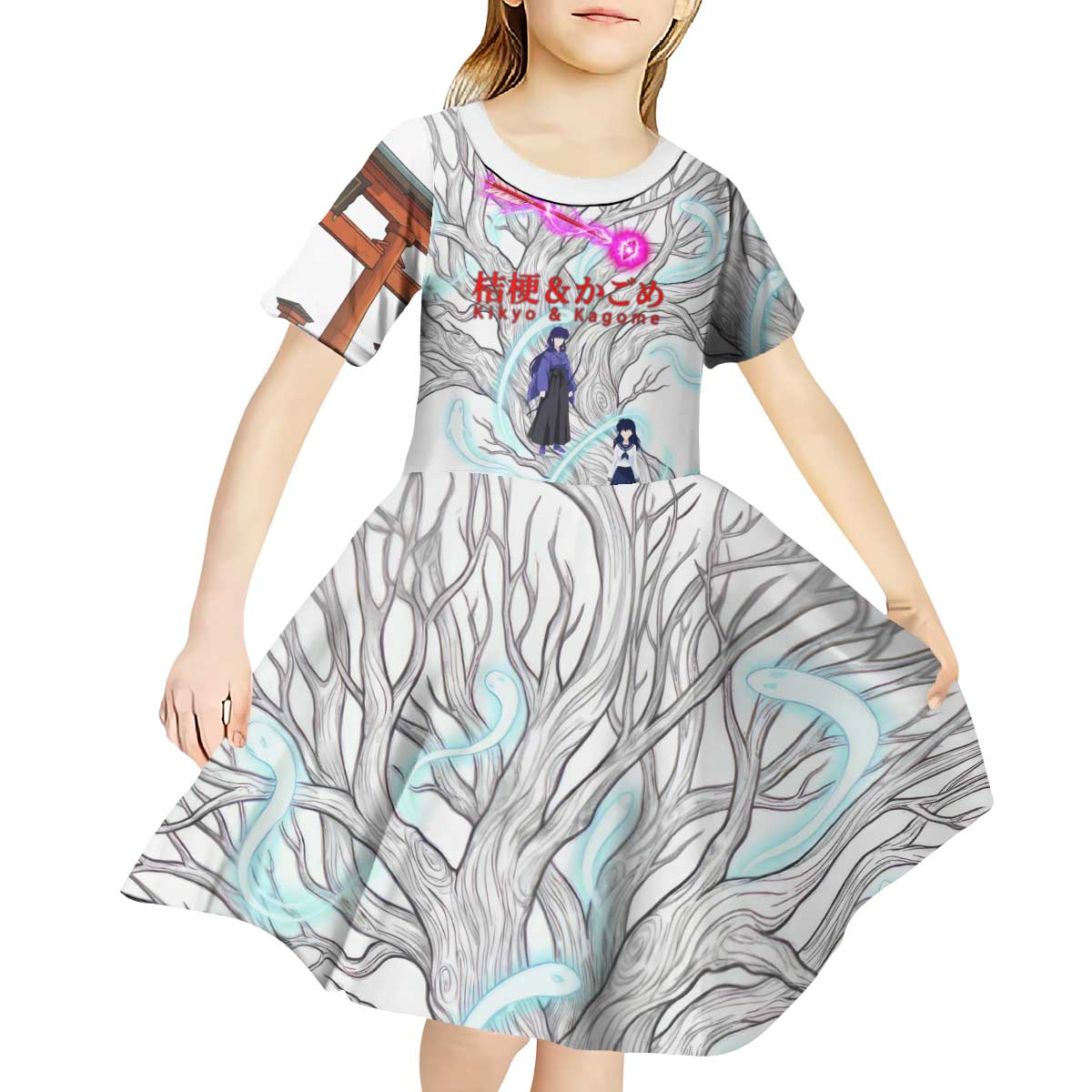 Kikyo and Kagome Inuyasha Series Kid Short Sleeve Dress Spiritual Anime Art Style with Sacred Tree and Torii Gate
