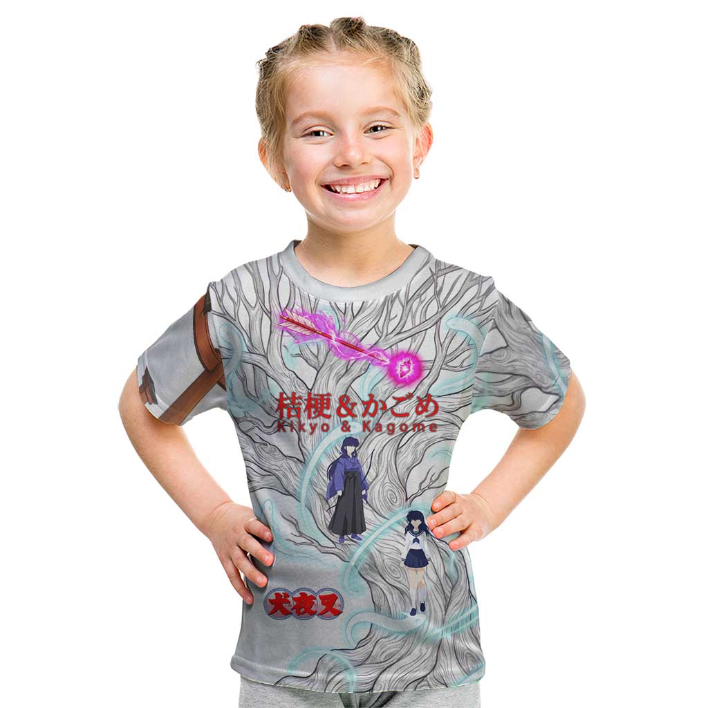Kikyo and Kagome Inuyasha Series Kid T Shirt Spiritual Anime Art Style with Sacred Tree and Torii Gate