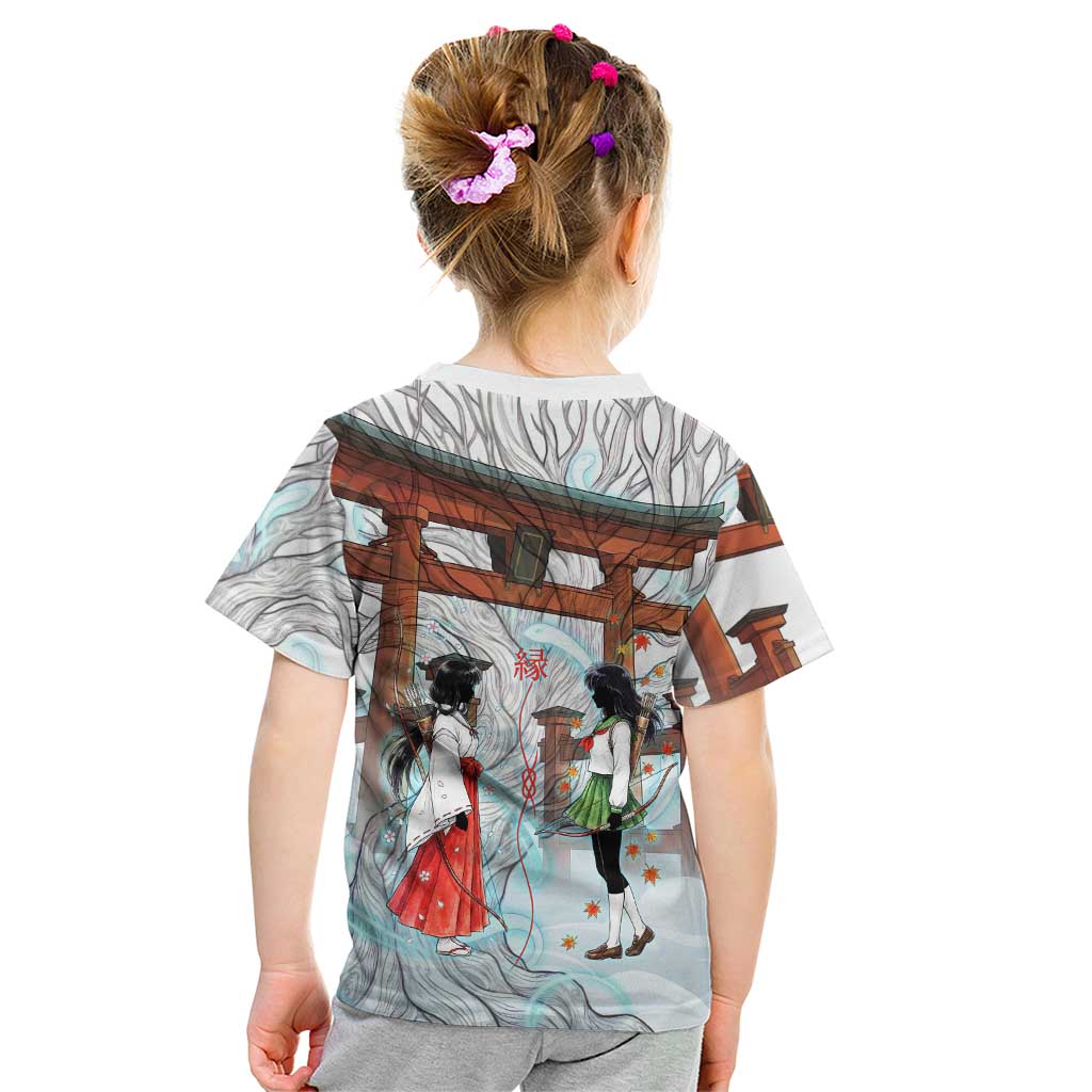 Kikyo and Kagome Inuyasha Series Kid T Shirt Spiritual Anime Art Style with Sacred Tree and Torii Gate