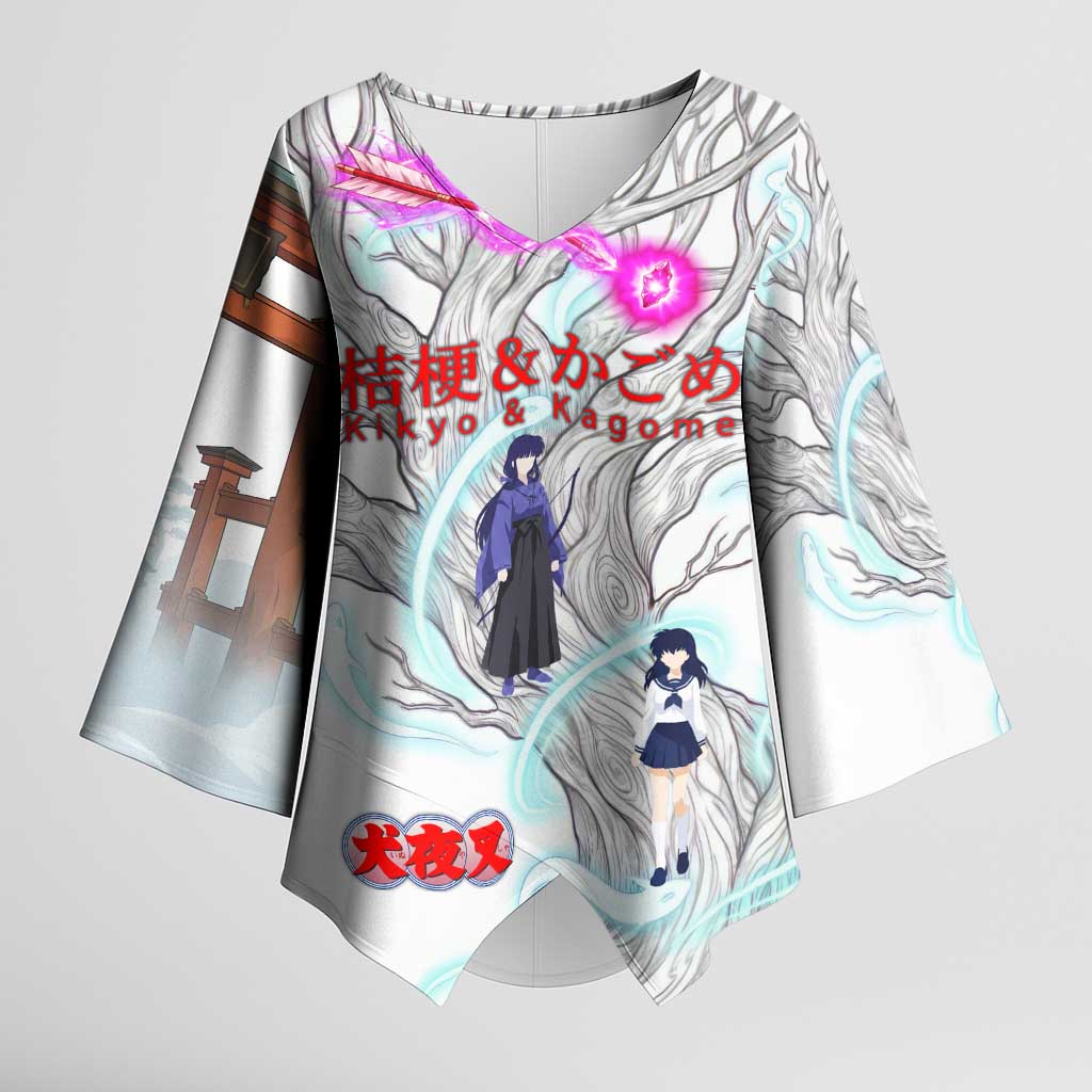 Kikyo and Kagome Inuyasha Series Kimono Sleeve Blouse Spiritual Anime Art Style with Sacred Tree and Torii Gate