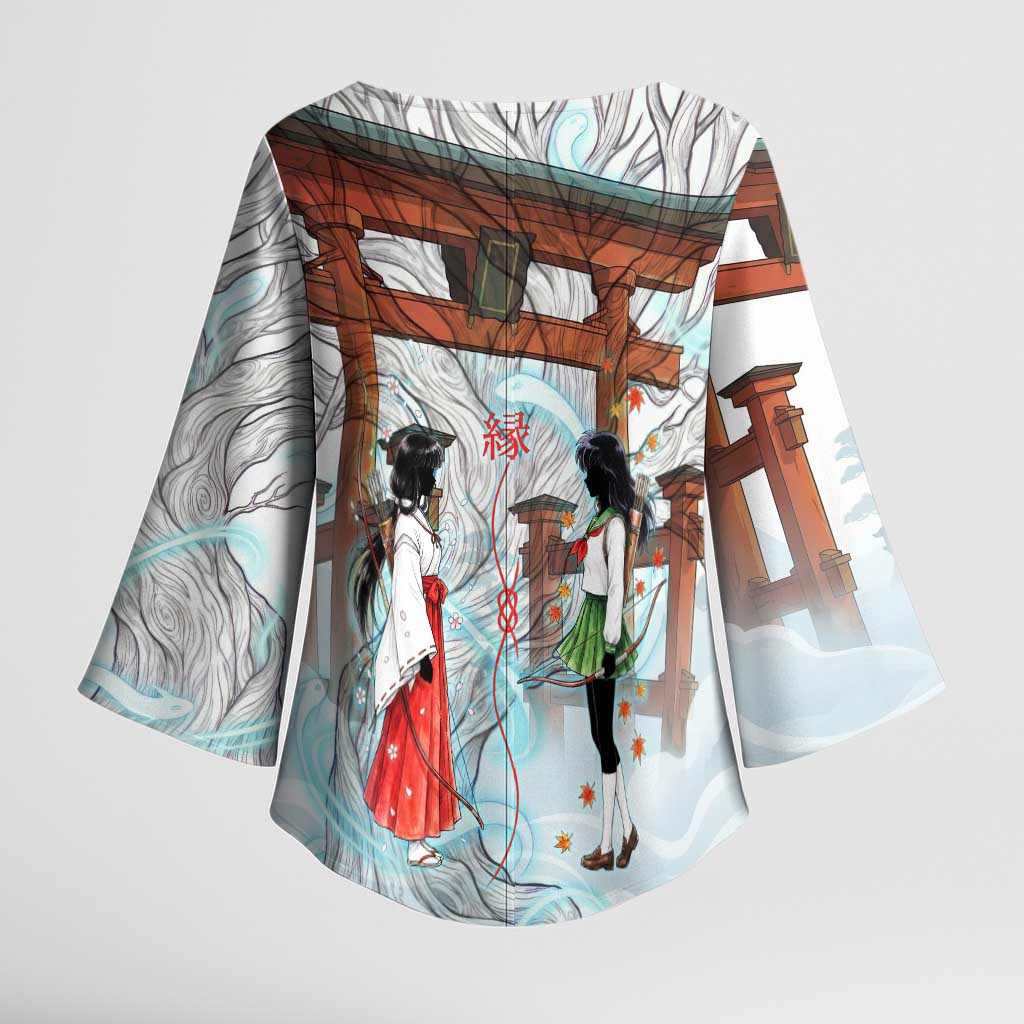 Kikyo and Kagome Inuyasha Series Kimono Sleeve Blouse Spiritual Anime Art Style with Sacred Tree and Torii Gate