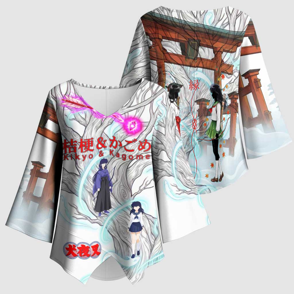 Kikyo and Kagome Inuyasha Series Kimono Sleeve Blouse Spiritual Anime Art Style with Sacred Tree and Torii Gate