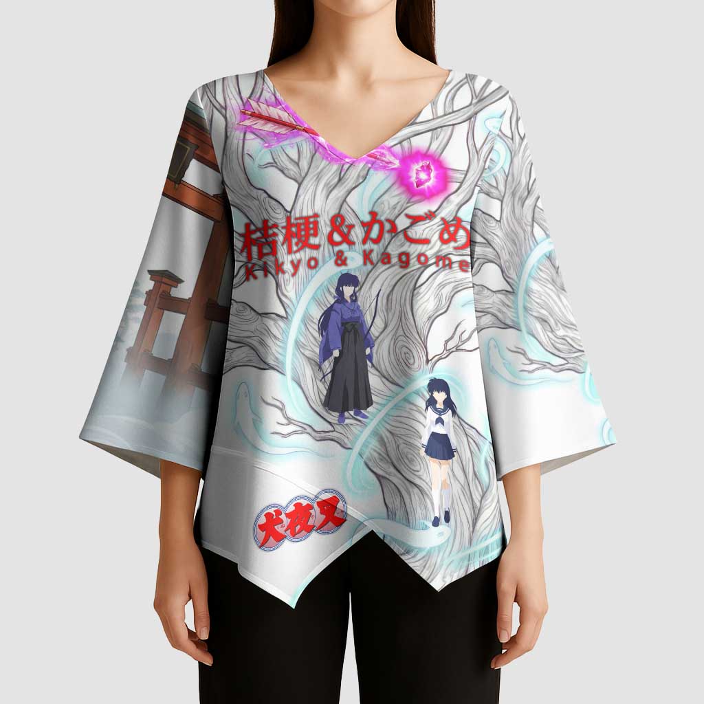 Kikyo and Kagome Inuyasha Series Kimono Sleeve Blouse Spiritual Anime Art Style with Sacred Tree and Torii Gate