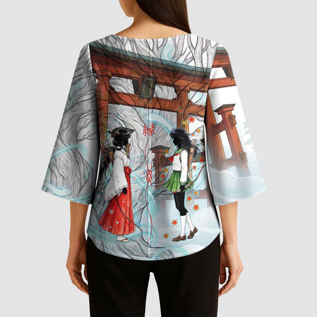 Kikyo and Kagome Inuyasha Series Kimono Sleeve Blouse Spiritual Anime Art Style with Sacred Tree and Torii Gate