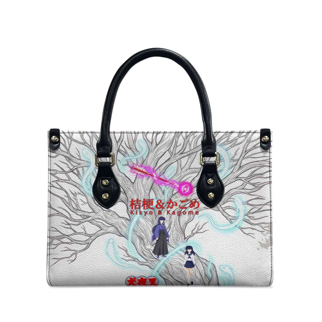 Kikyo and Kagome Inuyasha Series Leather Bag Spiritual Anime Art Style with Sacred Tree and Torii Gate