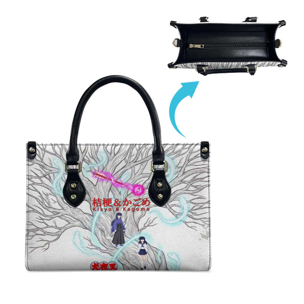 Kikyo and Kagome Inuyasha Series Leather Bag Spiritual Anime Art Style with Sacred Tree and Torii Gate