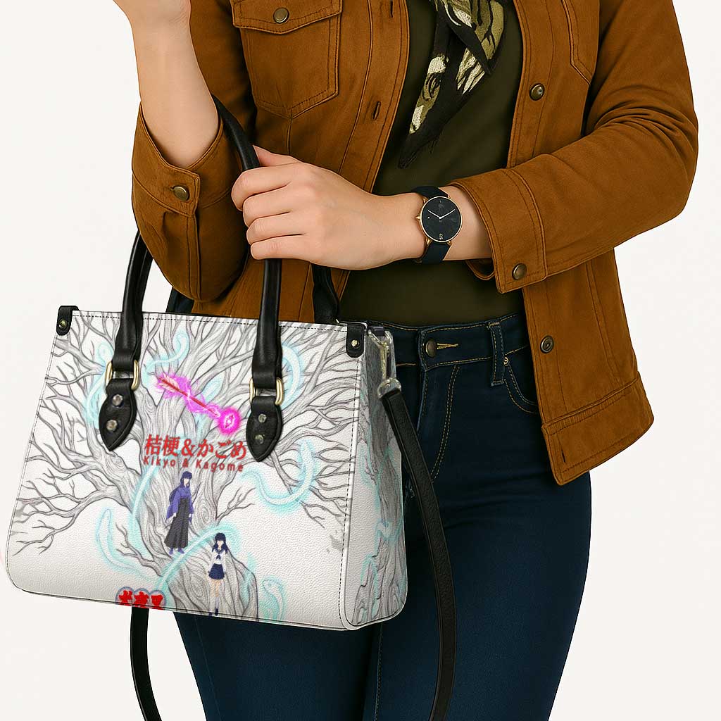Kikyo and Kagome Inuyasha Series Leather Bag Spiritual Anime Art Style with Sacred Tree and Torii Gate