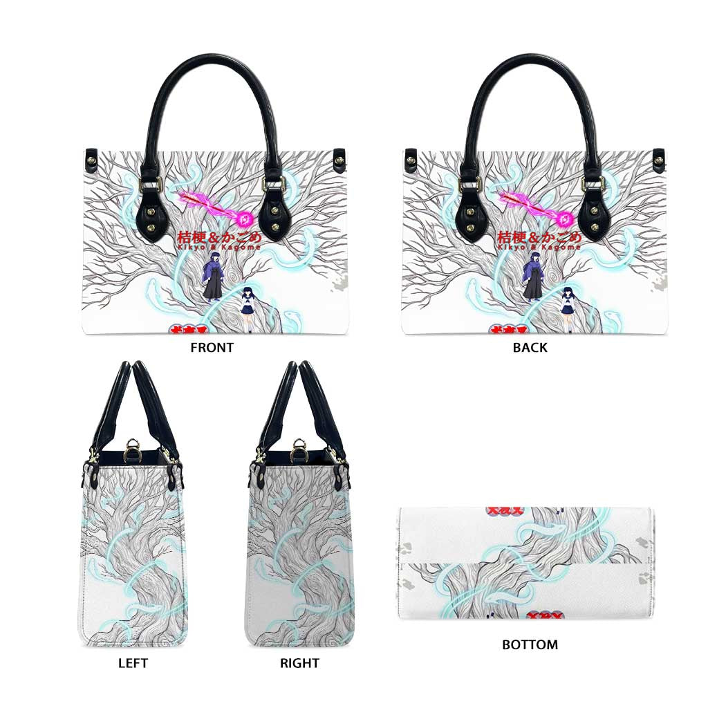 Kikyo and Kagome Inuyasha Series Leather Bag Spiritual Anime Art Style with Sacred Tree and Torii Gate