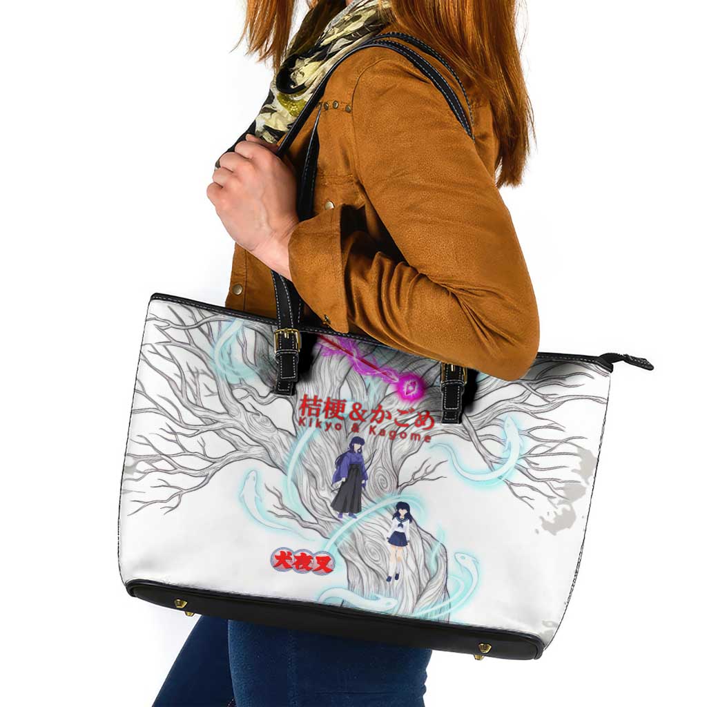 Kikyo and Kagome Inuyasha Series Leather Tote Bag Spiritual Anime Art Style with Sacred Tree and Torii Gate