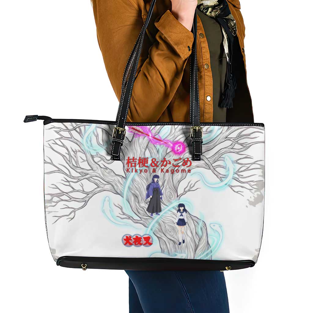Kikyo and Kagome Inuyasha Series Leather Tote Bag Spiritual Anime Art Style with Sacred Tree and Torii Gate