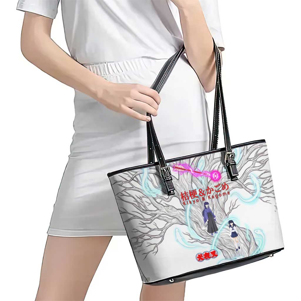 Kikyo and Kagome Inuyasha Series Leather Tote Bag Spiritual Anime Art Style with Sacred Tree and Torii Gate