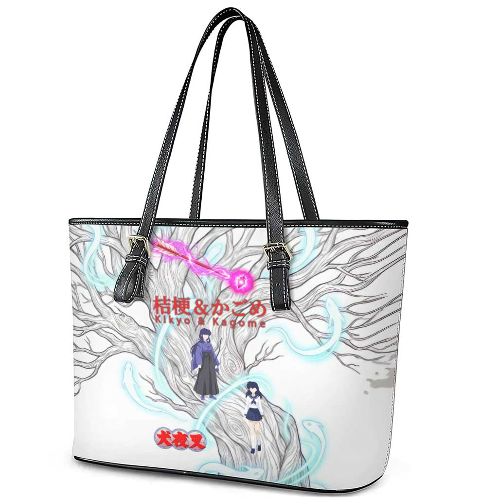 Kikyo and Kagome Inuyasha Series Leather Tote Bag Spiritual Anime Art Style with Sacred Tree and Torii Gate