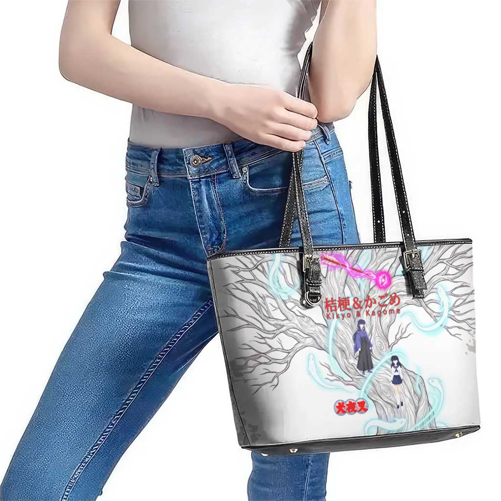Kikyo and Kagome Inuyasha Series Leather Tote Bag Spiritual Anime Art Style with Sacred Tree and Torii Gate