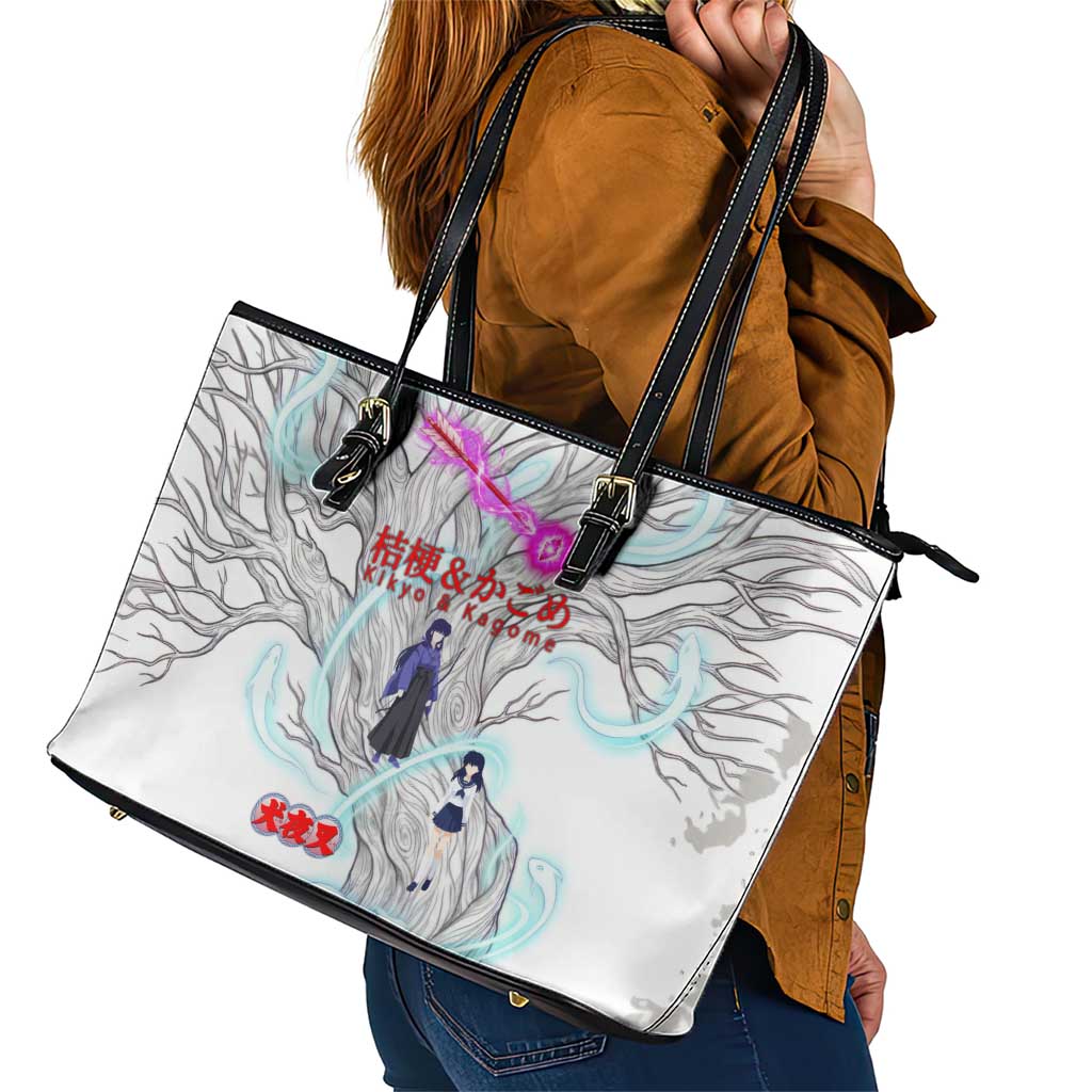 Kikyo and Kagome Inuyasha Series Leather Tote Bag Spiritual Anime Art Style with Sacred Tree and Torii Gate