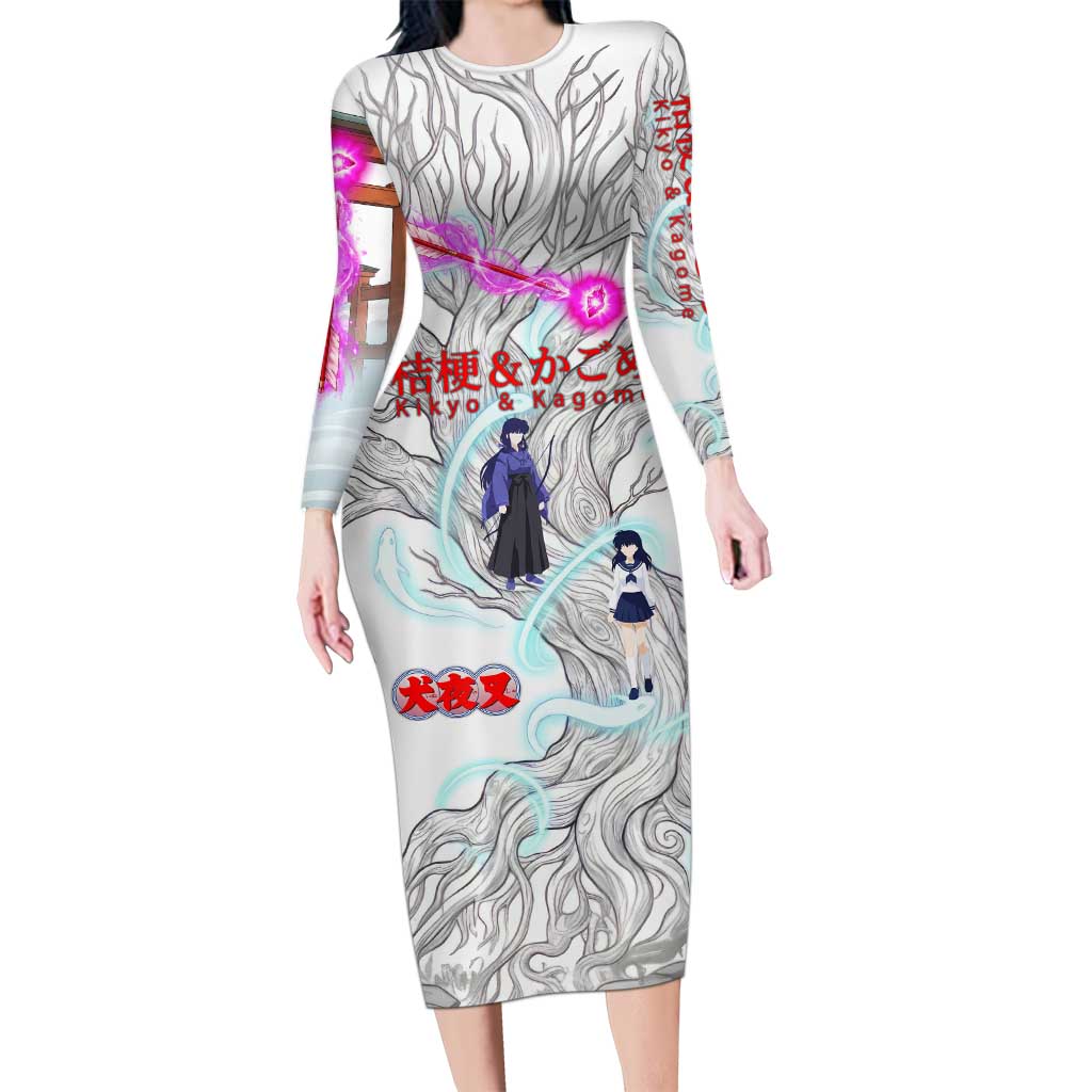 Kikyo and Kagome Inuyasha Series Long Sleeve Bodycon Dress Spiritual Anime Art Style with Sacred Tree and Torii Gate