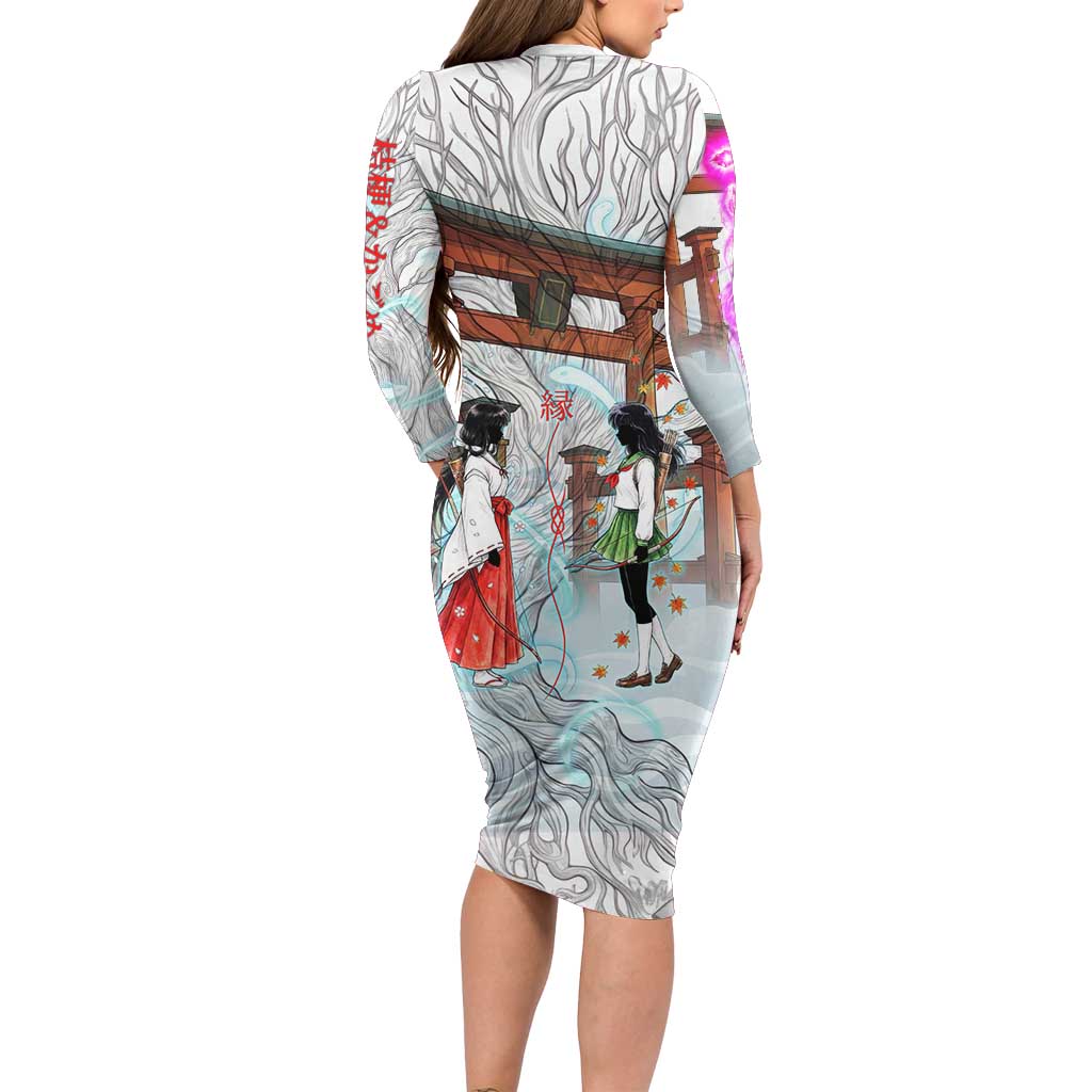 Kikyo and Kagome Inuyasha Series Long Sleeve Bodycon Dress Spiritual Anime Art Style with Sacred Tree and Torii Gate