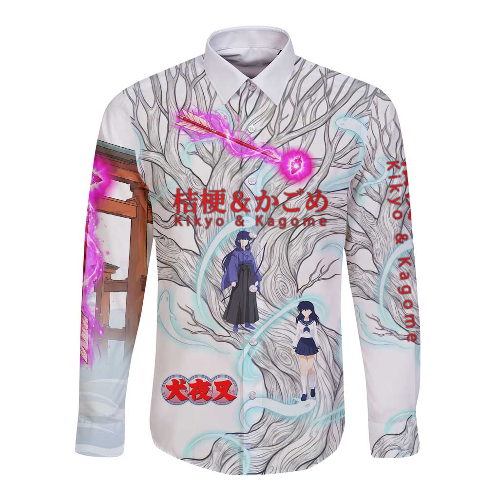 Kikyo and Kagome Inuyasha Series Long Sleeve Button Shirt Spiritual Anime Art Style with Sacred Tree and Torii Gate