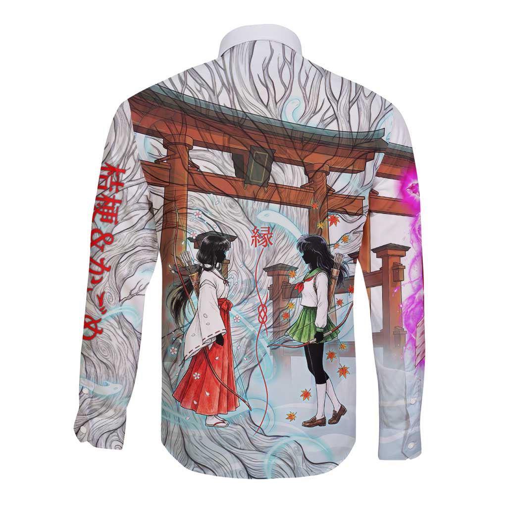 Kikyo and Kagome Inuyasha Series Long Sleeve Button Shirt Spiritual Anime Art Style with Sacred Tree and Torii Gate