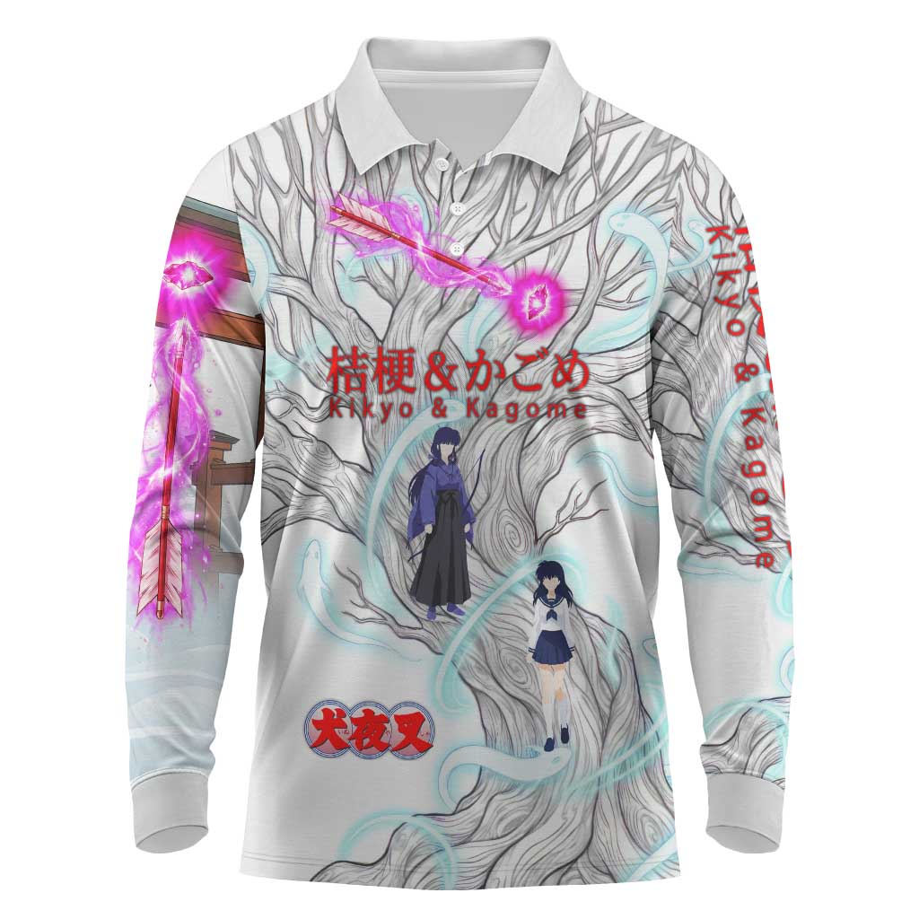 Kikyo and Kagome Inuyasha Series Long Sleeve Polo Shirt Spiritual Anime Art Style with Sacred Tree and Torii Gate