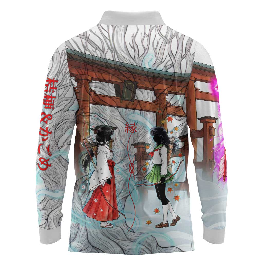 Kikyo and Kagome Inuyasha Series Long Sleeve Polo Shirt Spiritual Anime Art Style with Sacred Tree and Torii Gate