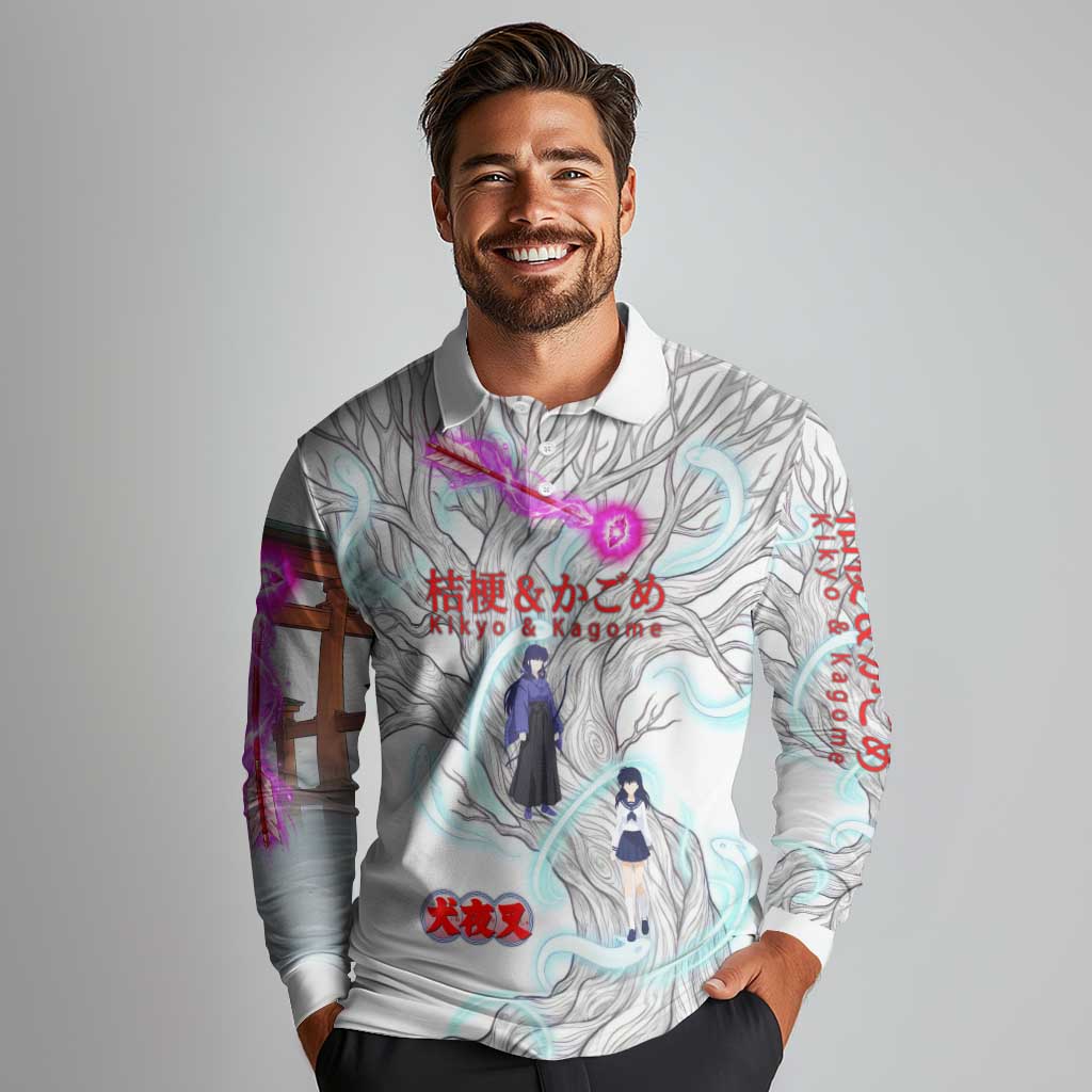 Kikyo and Kagome Inuyasha Series Long Sleeve Polo Shirt Spiritual Anime Art Style with Sacred Tree and Torii Gate