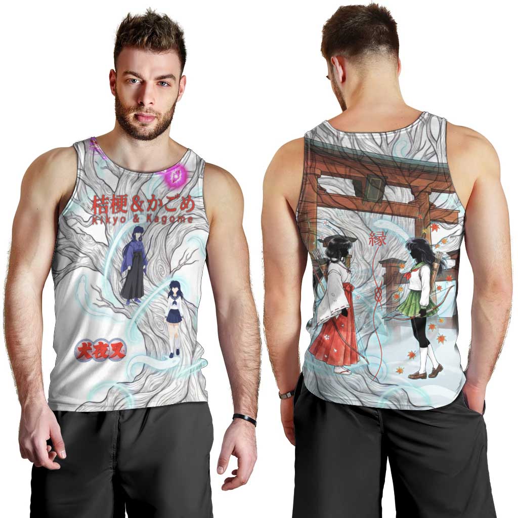 Kikyo and Kagome Inuyasha Series Men Tank Top Spiritual Anime Art Style with Sacred Tree and Torii Gate