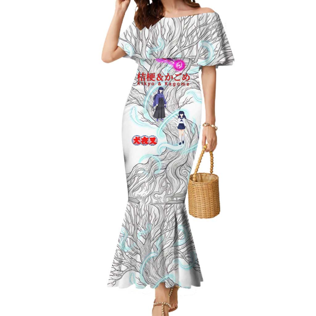 Kikyo and Kagome Inuyasha Series Mermaid Dress Spiritual Anime Art Style with Sacred Tree and Torii Gate