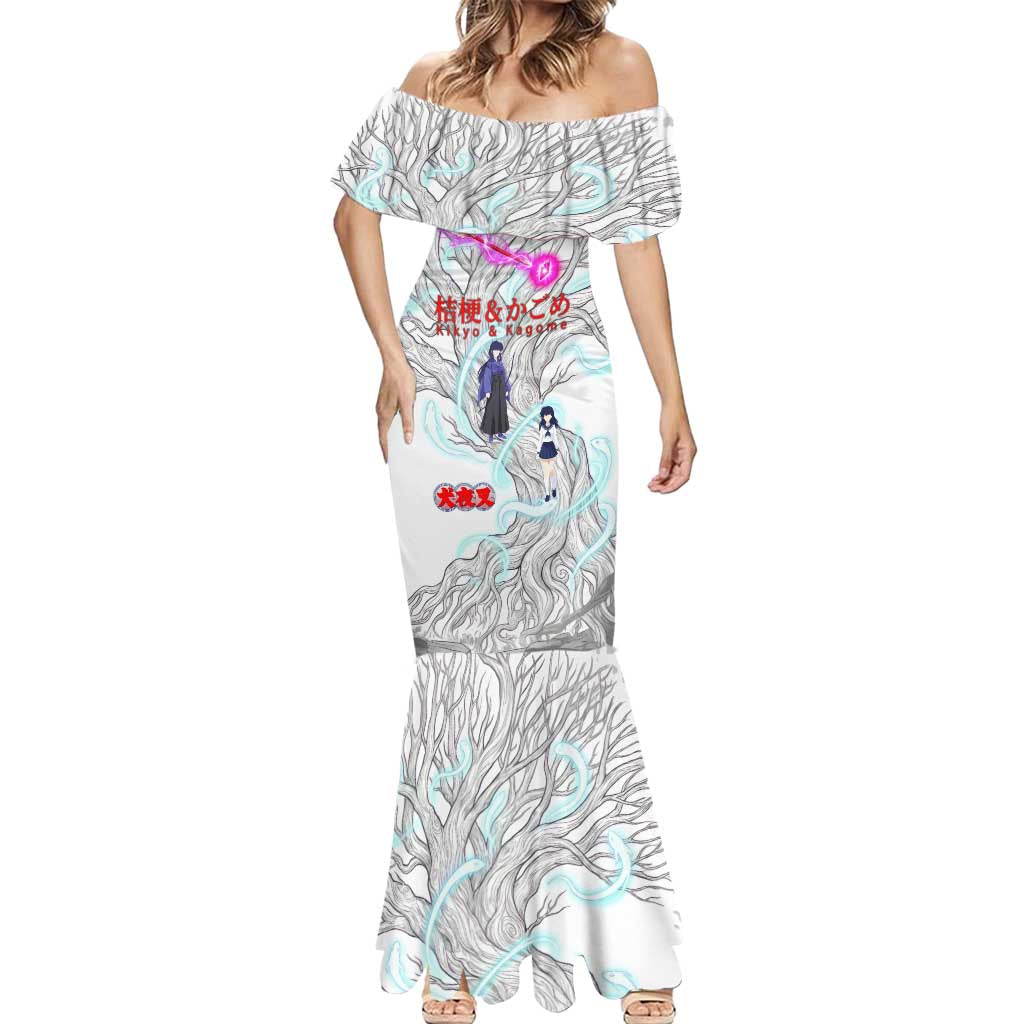 Kikyo and Kagome Inuyasha Series Mermaid Dress Spiritual Anime Art Style with Sacred Tree and Torii Gate