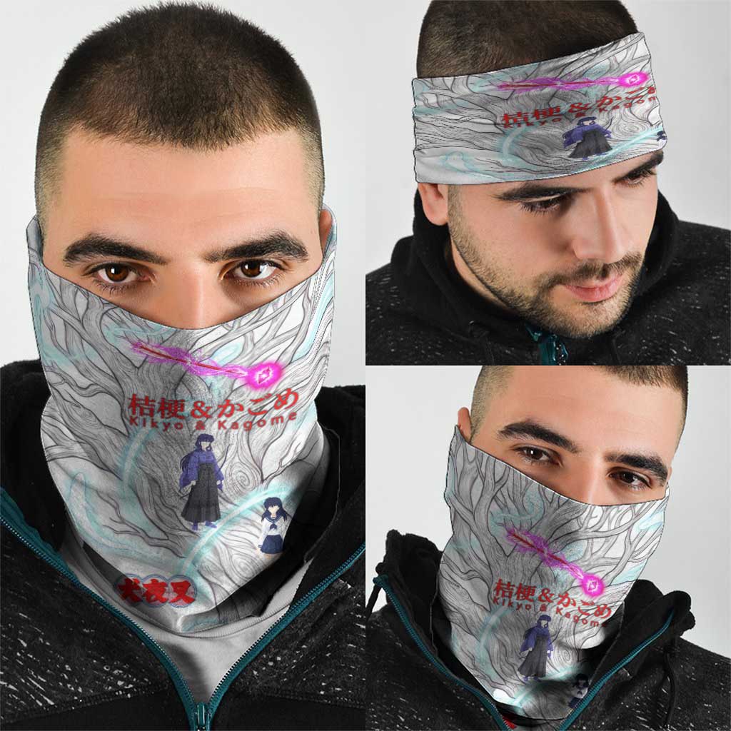 Kikyo and Kagome Inuyasha Series Neck Gaiter Spiritual Anime Art Style with Sacred Tree and Torii Gate