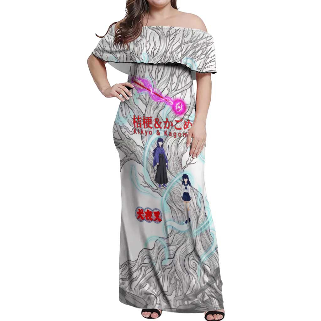 Kikyo and Kagome Inuyasha Series Off Shoulder Maxi Dress Spiritual Anime Art Style with Sacred Tree and Torii Gate
