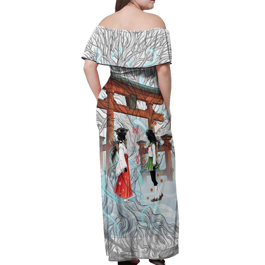 Kikyo and Kagome Inuyasha Series Off Shoulder Maxi Dress Spiritual Anime Art Style with Sacred Tree and Torii Gate