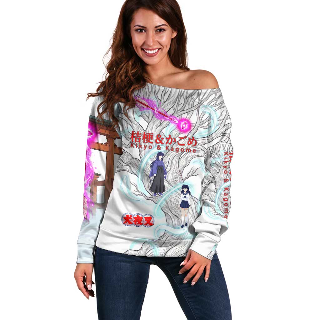 Kikyo and Kagome Inuyasha Series Off Shoulder Sweater Spiritual Anime Art Style with Sacred Tree and Torii Gate