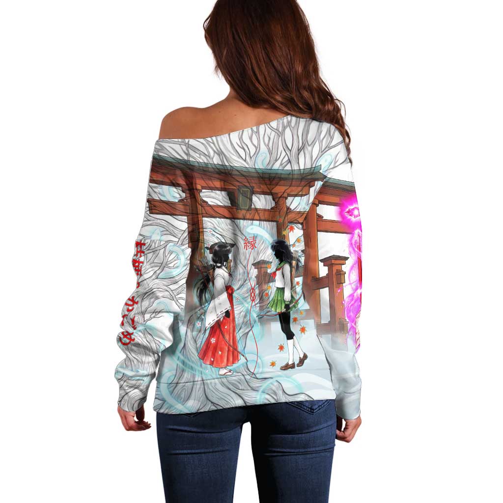 Kikyo and Kagome Inuyasha Series Off Shoulder Sweater Spiritual Anime Art Style with Sacred Tree and Torii Gate