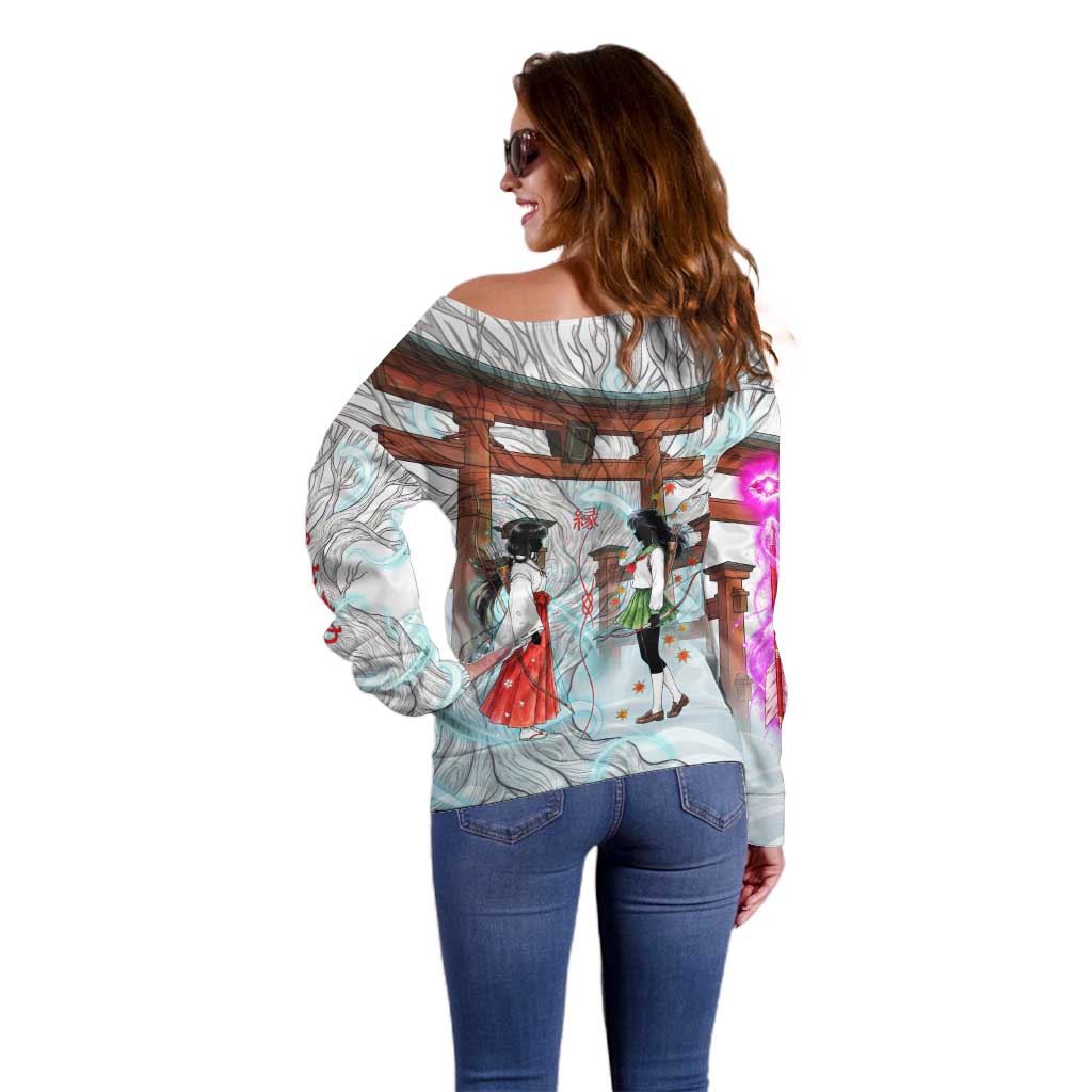 Kikyo and Kagome Inuyasha Series Off Shoulder Sweater Spiritual Anime Art Style with Sacred Tree and Torii Gate