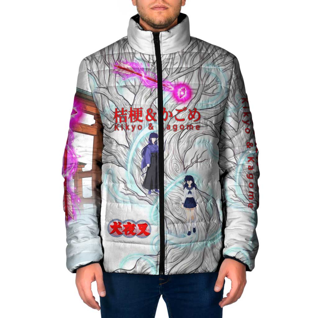 Kikyo and Kagome Inuyasha Series Padded Jacket Spiritual Anime Art Style with Sacred Tree and Torii Gate