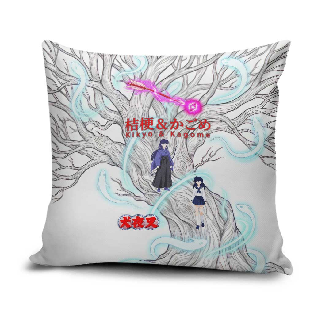 Kikyo and Kagome Inuyasha Series Pillow Cover Spiritual Anime Art Style with Sacred Tree and Torii Gate